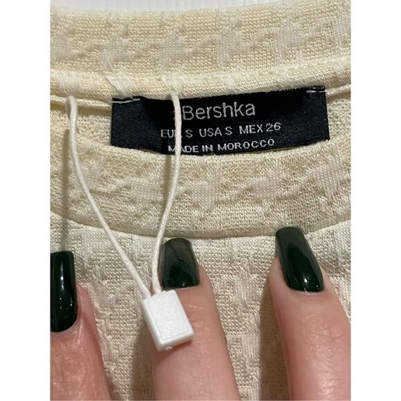 NWOT Bershka Belted Cream Houndstooth Short Sleeve Shirt Mini Dress Size Small - Picture 5 of 15